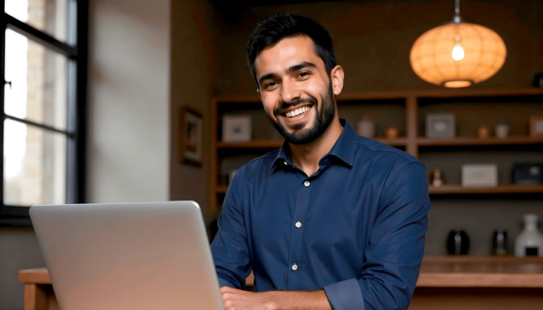 Garoto-propaganda da Kron usando camisa azul, sentado à mesa e trabalhando em seu notebook, simbolizando produtividade e organização com o Sistema de Gestão ERP.